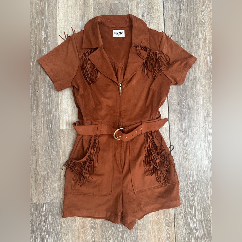 Brown Fringe Belted Romper
